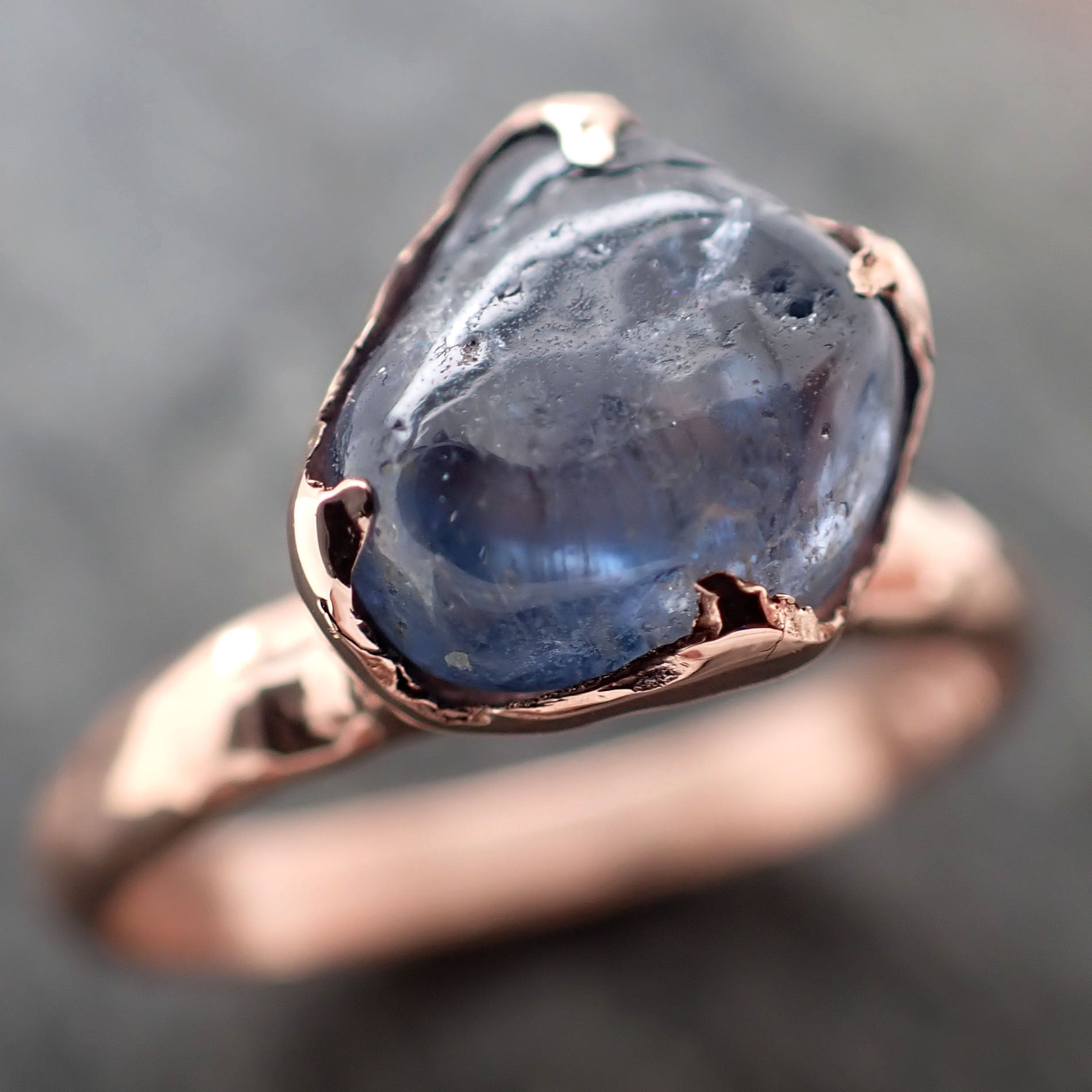 Sapphire Tumble blue candy polished 14k Rose gold Solitaire gemstone ring 2878