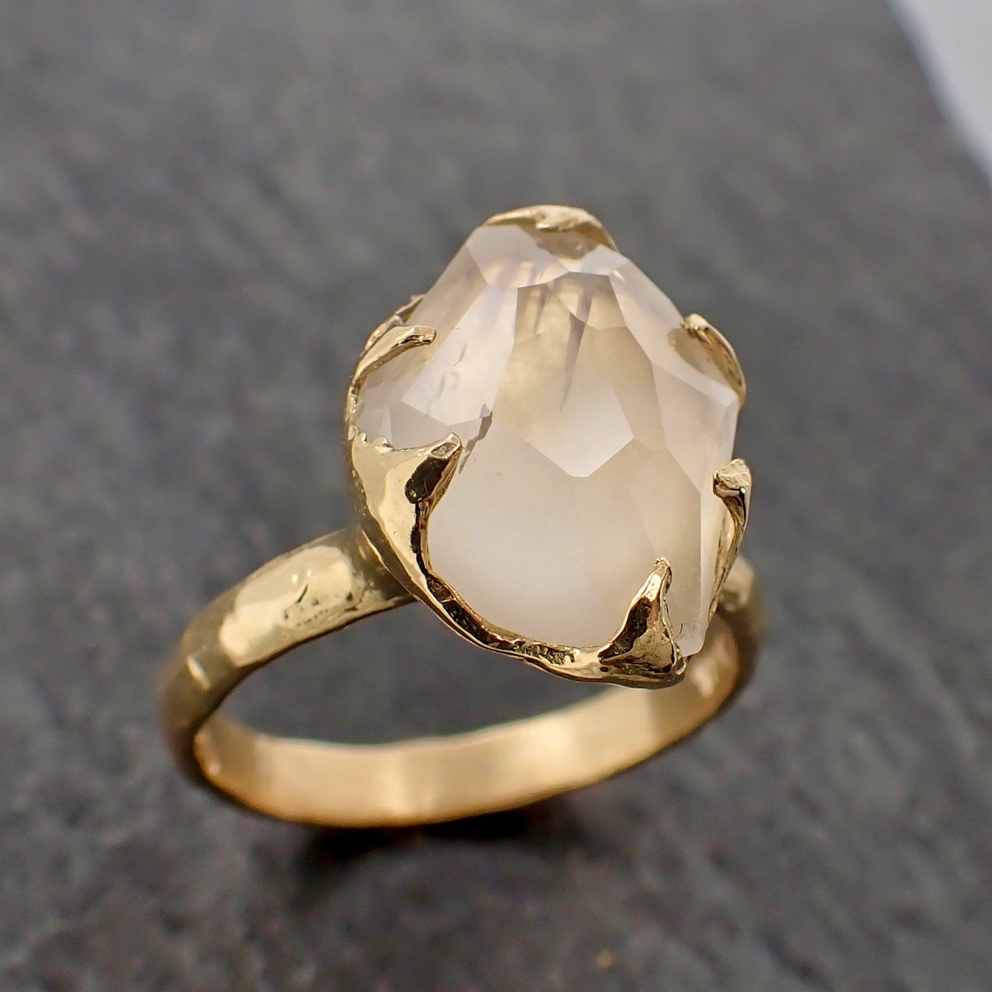 partially faceted moonstone yellow gold ring gemstone solitaire recycled 18k statement 2189 Alternative Engagement