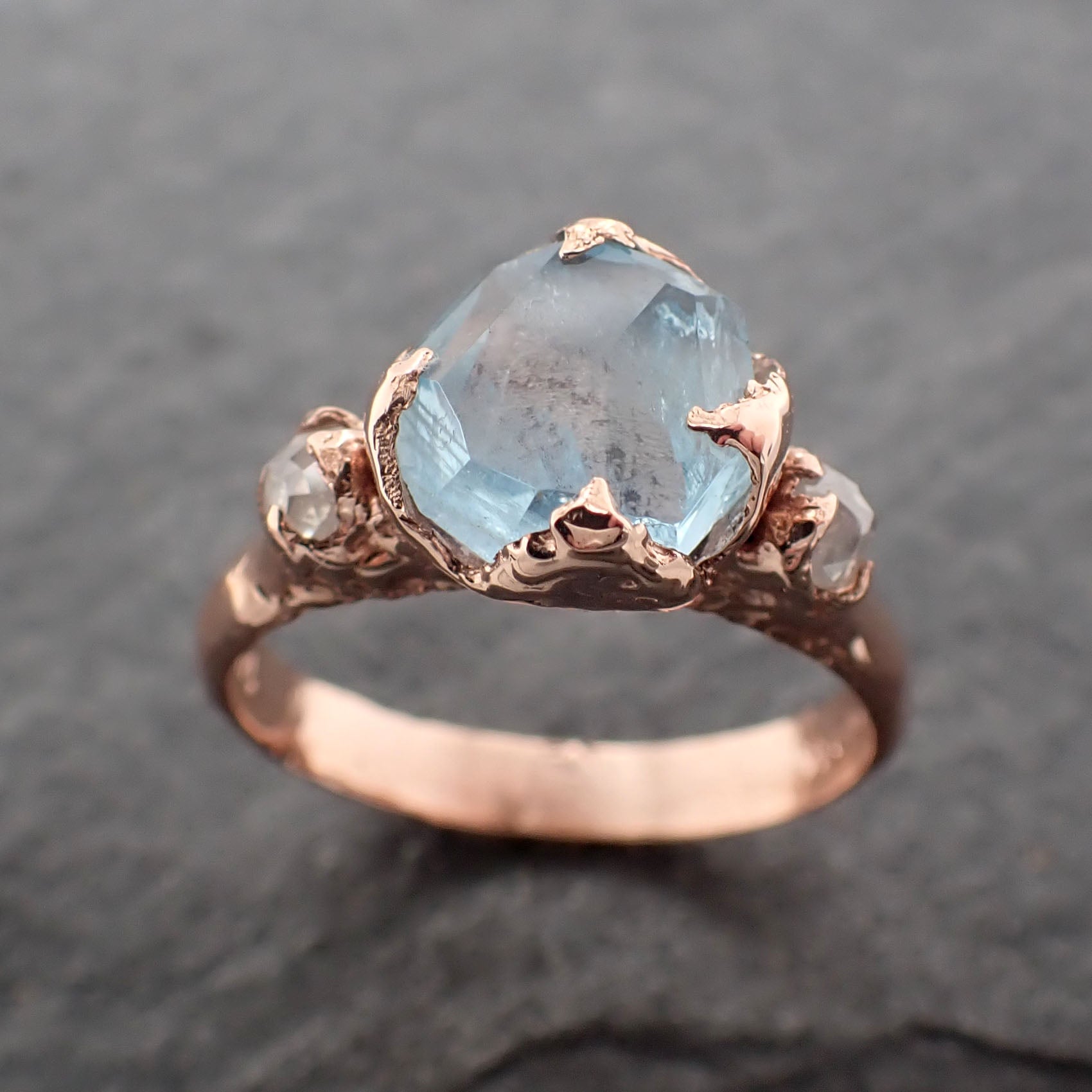 Partially Faceted Aquamarine and Diamond 14k rose Gold Multi stone Ring OOAK Gemstone Ring Recycled gold 2465