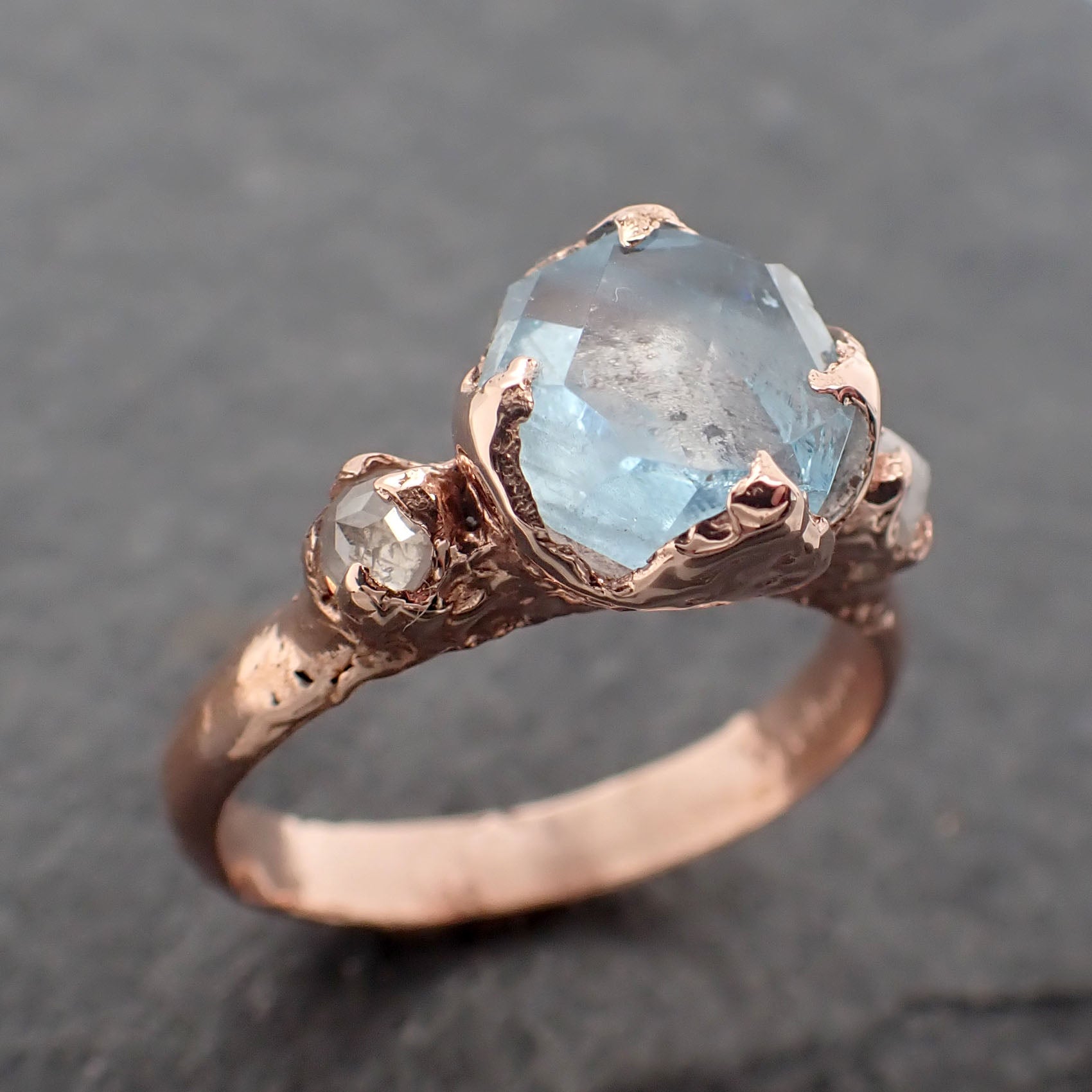Partially Faceted Aquamarine and Diamond 14k rose Gold Multi stone Ring OOAK Gemstone Ring Recycled gold 2465