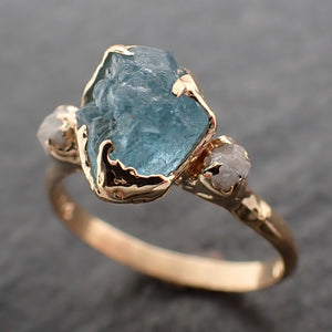 Raw Uncut Aquamarine Diamond 14k Gold Engagement Ring Multi stone Wedding Gemstone byAngeline 2466