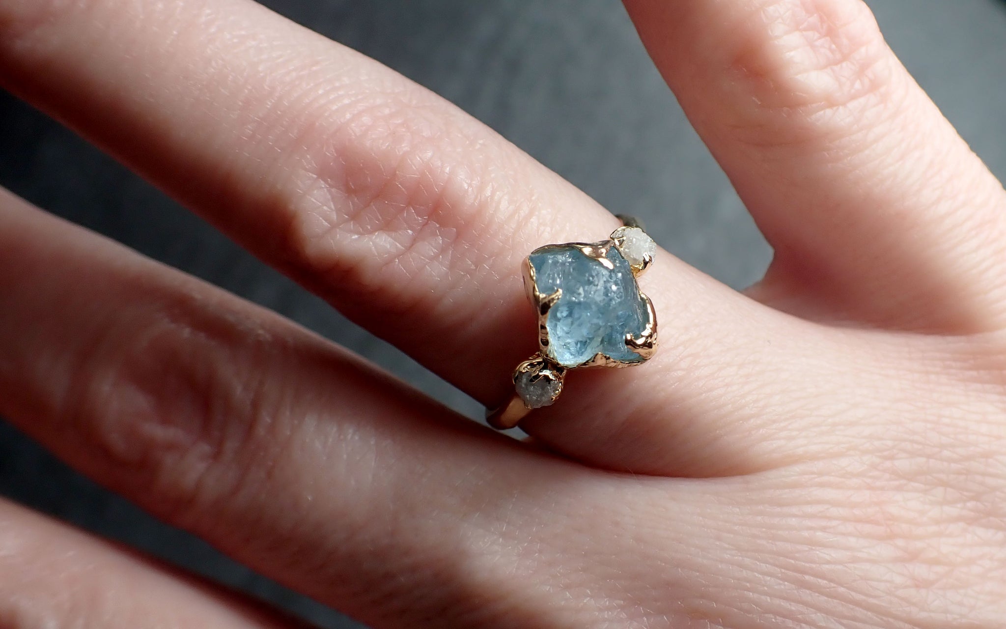 Raw Uncut Aquamarine Diamond 14k Gold Engagement Ring Multi stone Wedding Gemstone byAngeline 2466