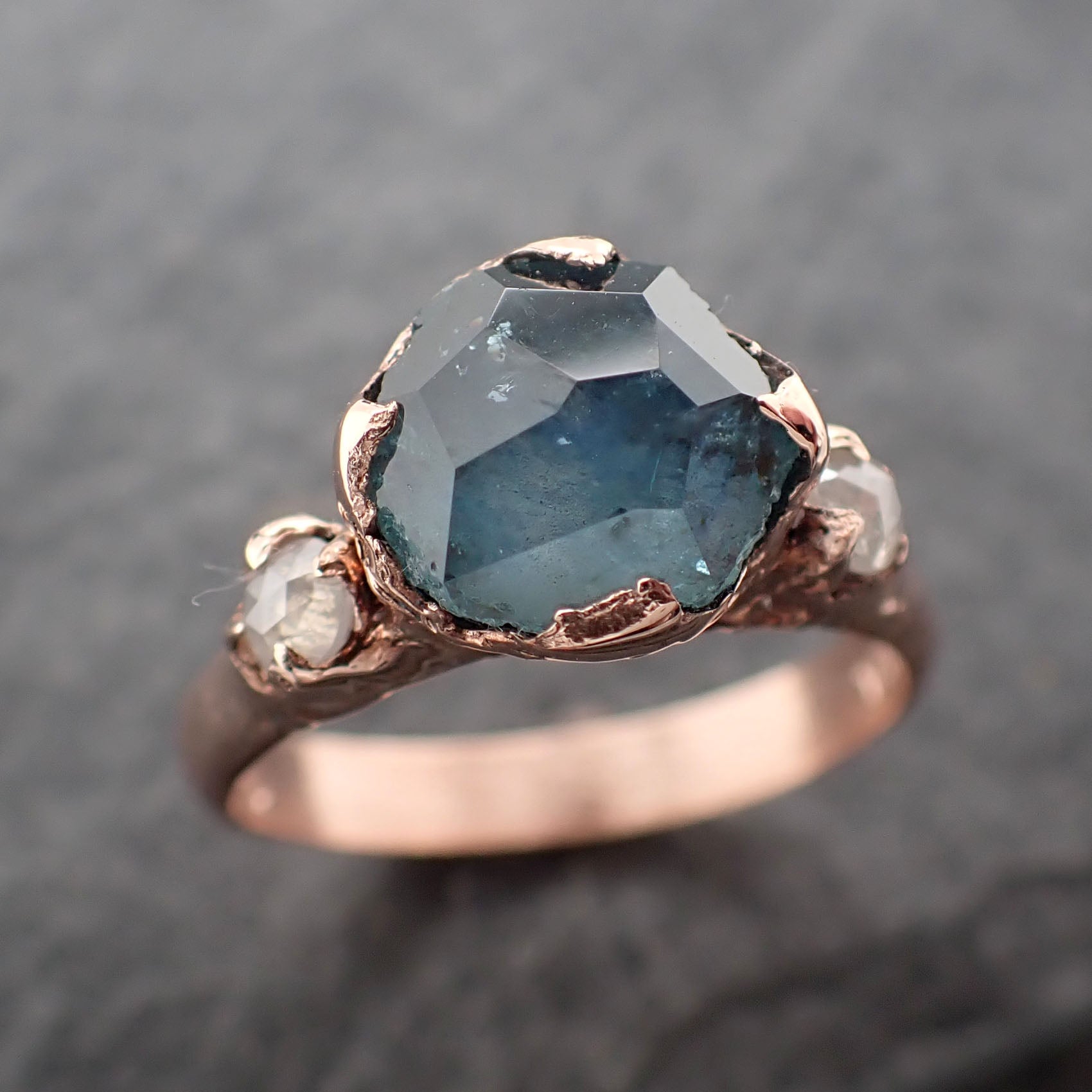Partially faceted blue Montana Sapphire and fancy Diamonds 14k Rose Gold Engagement Wedding Ring Gemstone Ring Multi stone Ring 2467