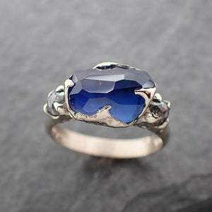 partially faceted blue sapphire side diamonds multi stone 18k white gold engagement ring wedding ring custom gemstone ring 2471 Alternative Engagement