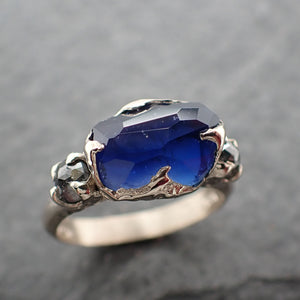 partially faceted blue sapphire side diamonds multi stone 18k white gold engagement ring wedding ring custom gemstone ring 2471 Alternative Engagement