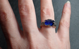 Partially Faceted Blue Sapphire side diamonds Multi stone 18k White Gold Engagement Ring Wedding Ring Custom Gemstone Ring 2471