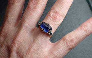 Partially Faceted Blue Sapphire side diamonds Multi stone 18k White Gold Engagement Ring Wedding Ring Custom Gemstone Ring 2471