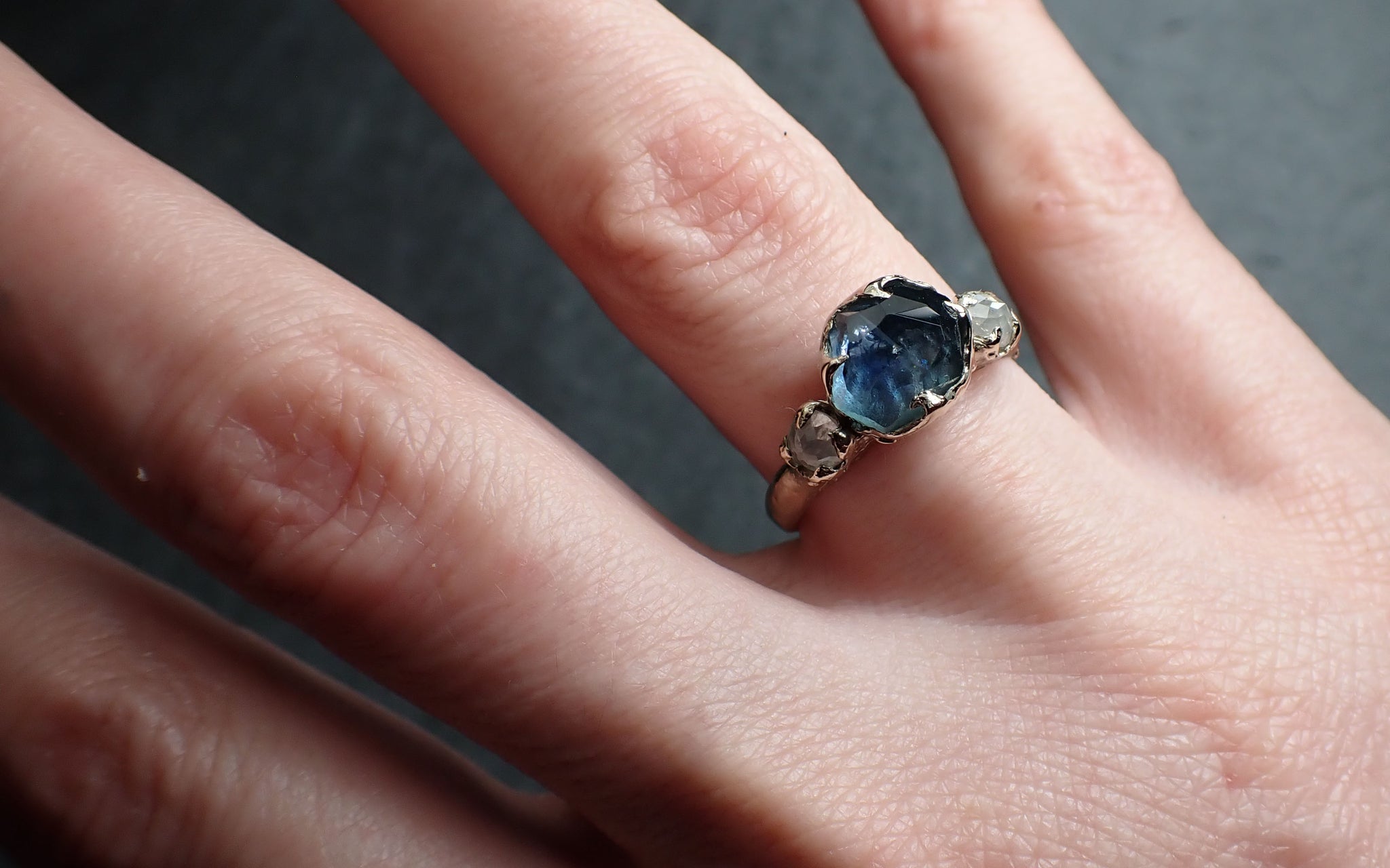 Partially faceted blue Montana Sapphire and fancy Diamonds 18k White Gold Engagement Wedding Ring Custom Gemstone Ring Multi stone Ring 2475