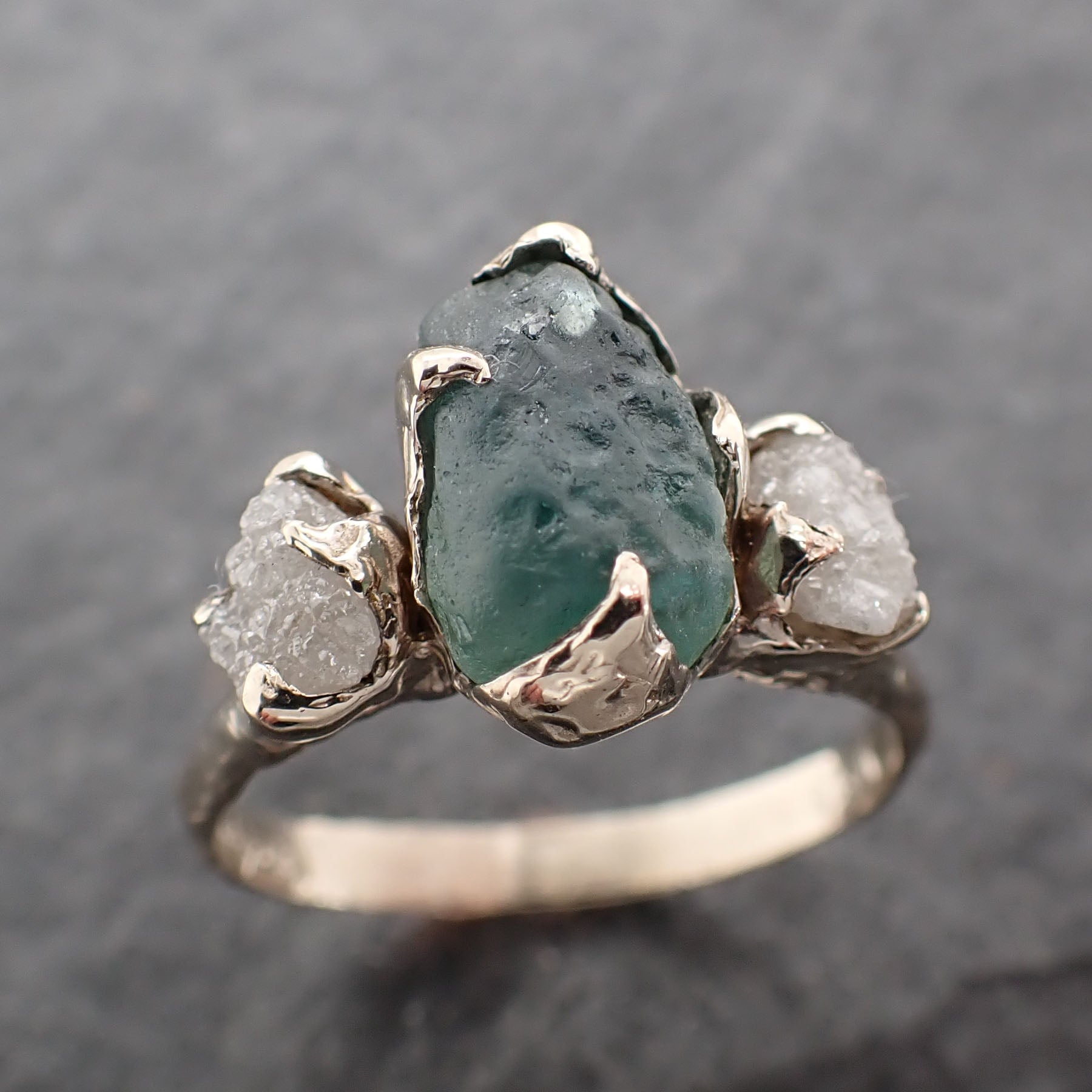 Raw blue green Montana Sapphire Diamond 18k White Gold Engagement Wedding Ring Custom One Of a Kind Gemstone Multi stone Ring 2477