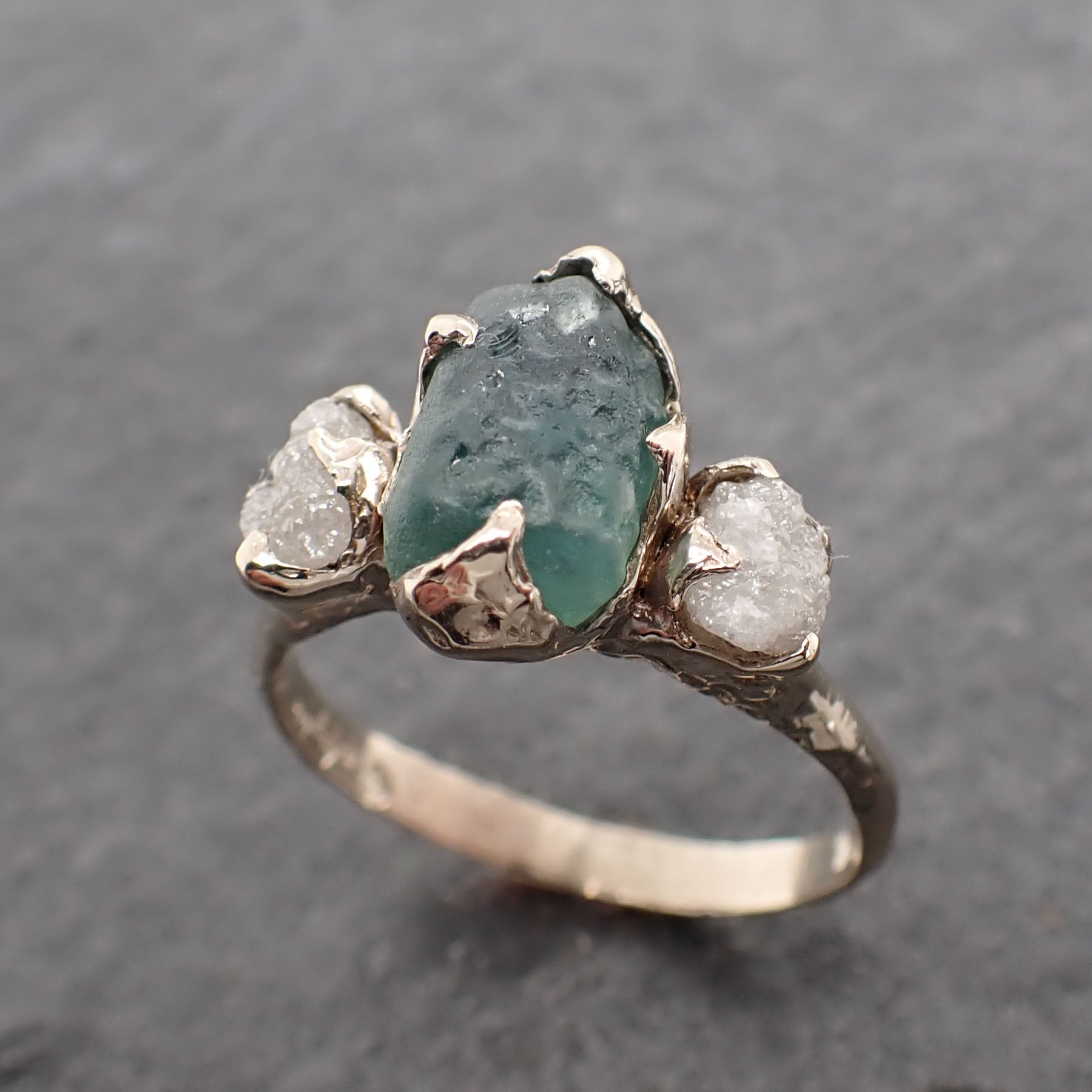 raw blue green montana sapphire diamond 18k white gold engagement wedding ring custom one of a kind gemstone multi stone ring 2477 Alternative Engagement