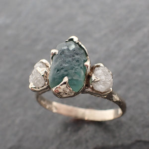 Raw blue green Montana Sapphire Diamond 18k White Gold Engagement Wedding Ring Custom One Of a Kind Gemstone Multi stone Ring 2477