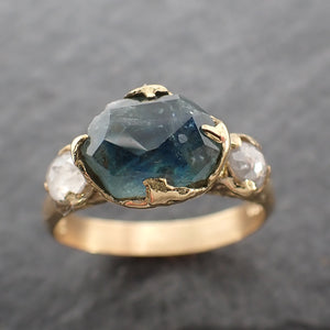 Partially faceted blue Montana Sapphire and fancy Diamonds 18k Yellow Gold Engagement Wedding Ring Gemstone Ring Multi stone Ring 2480