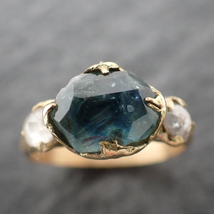 Partially faceted blue Montana Sapphire and fancy Diamonds 18k Yellow Gold Engagement Wedding Ring Gemstone Ring Multi stone Ring 2480