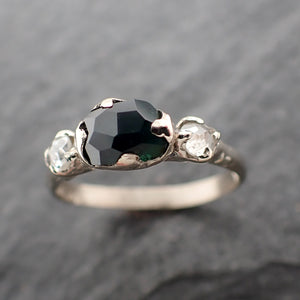 Partially faceted green Sapphire and fancy Diamonds 14k White Gold Engagement Wedding Ring Gemstone Ring Multi stone Ring 2485