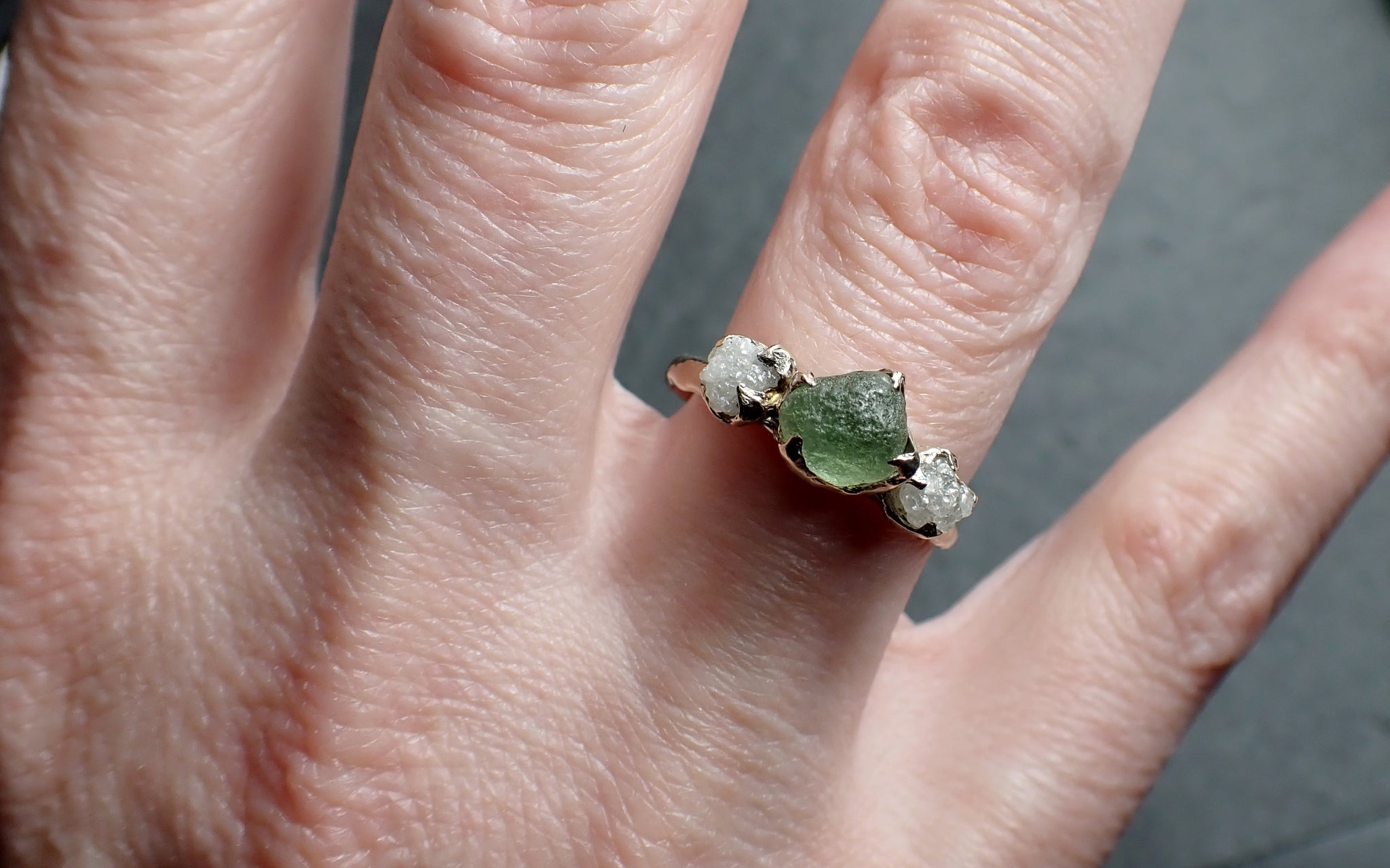 Raw Green Montana Sapphire Diamond White 18k Gold Engagement Wedding Ring Custom One Of a Kind Gemstone Multi stone Ring 2486