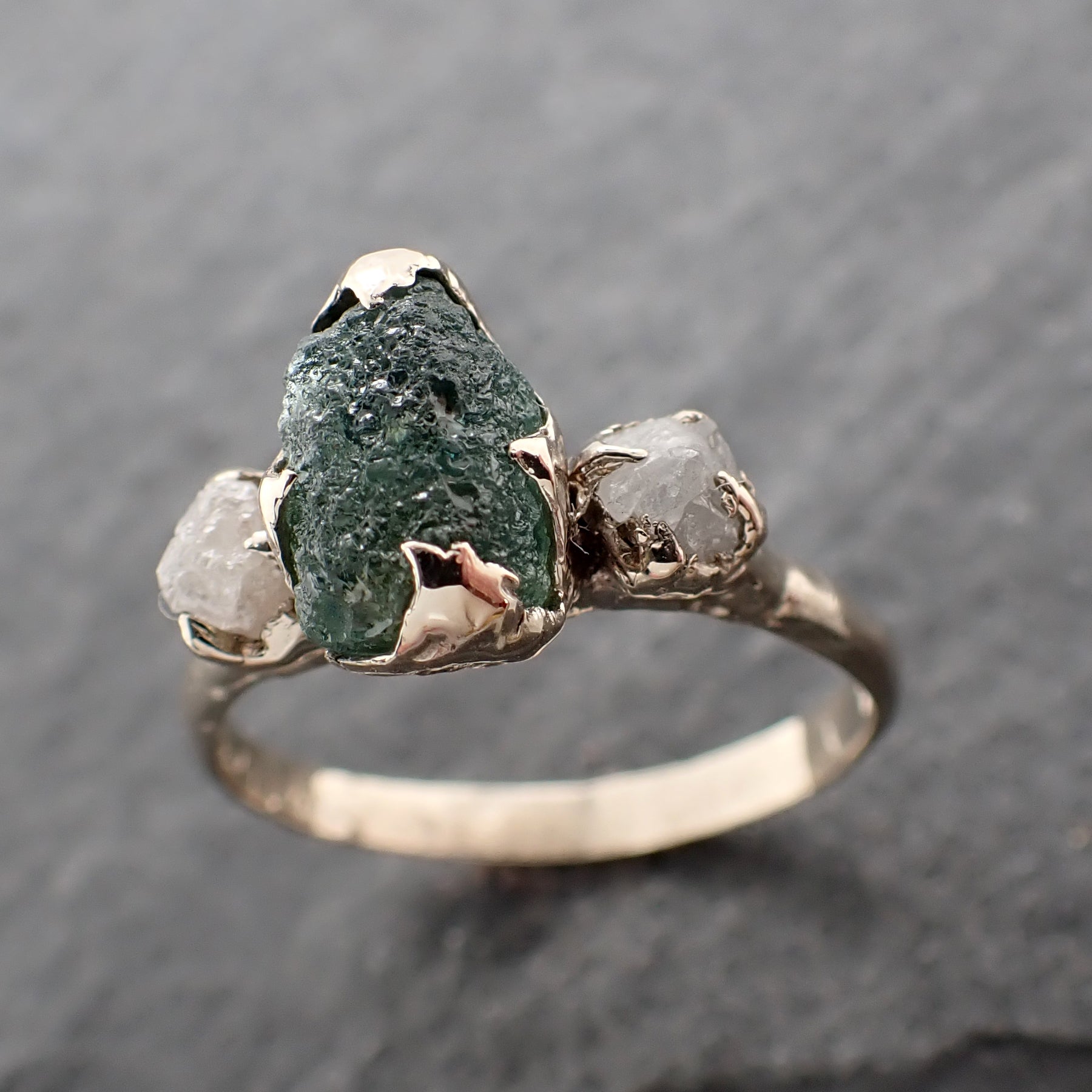 Raw blue green Montana Sapphire Diamond 18k White Gold Engagement Wedding Ring Custom One Of a Kind Gemstone Multi stone Ring 2482