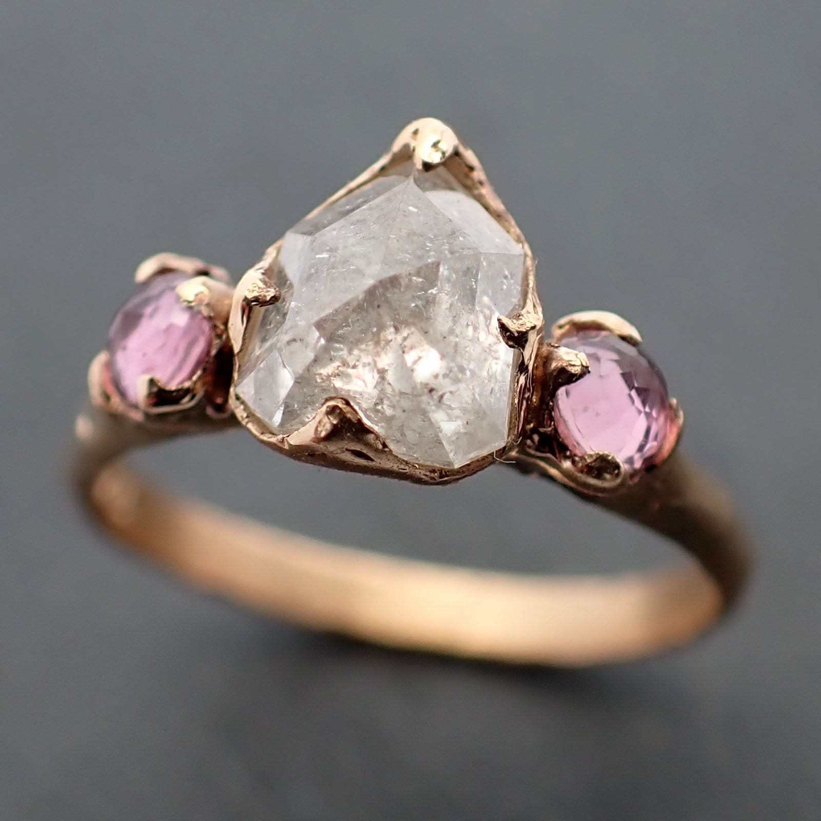 Fancy cut white Diamond and Rubies Engagement multi stone 18k yellow Gold Wedding Set Ring Rough Diamond Ring byAngeline 3345