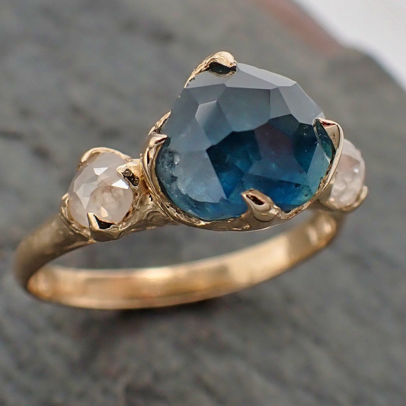 Partially faceted blue Montana Sapphire and fancy Diamonds 14k Yellow Gold Engagement Wedding Ring Gemstone Ring Multi stone Ring 2193