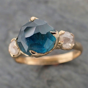 Partially faceted blue Montana Sapphire and fancy Diamonds 14k Yellow Gold Engagement Wedding Ring Gemstone Ring Multi stone Ring 2193