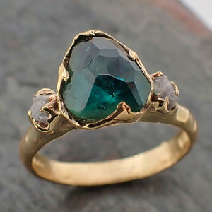 partially faceted green montana sapphire and rough diamonds 14k gold engagement wedding ring custom gemstone ring multi stone ring 2196 Alternative Engagement