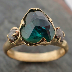 partially faceted green montana sapphire and rough diamonds 14k gold engagement wedding ring custom gemstone ring multi stone ring 2196 Alternative Engagement