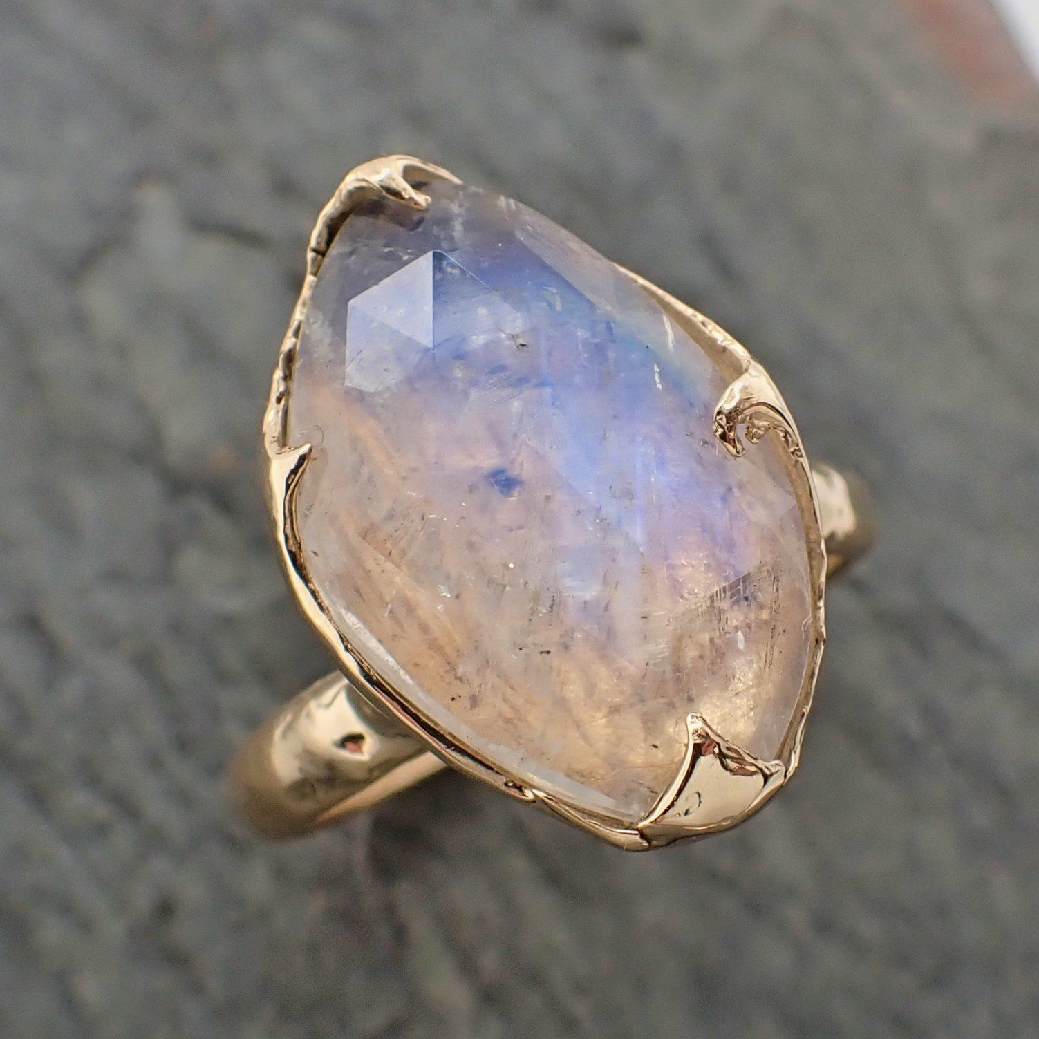 Fancy cut Moonstone Yellow Gold Ring Gemstone Solitaire recycled 14k statement cocktail statement 2197