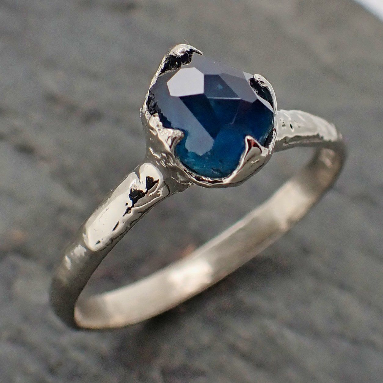 partially faceted blue montana sapphire solitaire 18k white gold engagement ring wedding ring one of a kind gemstone ring 2195 Alternative Engagement