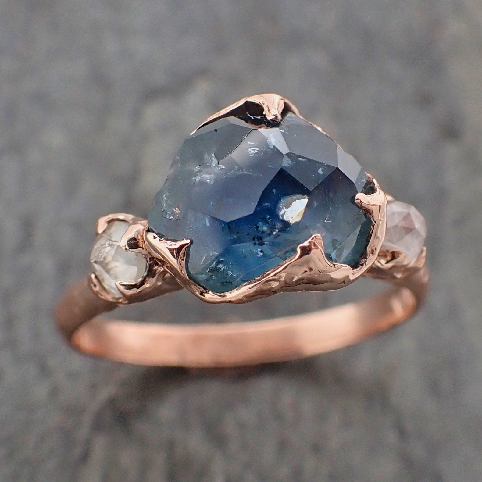 Partially faceted blue Montana Sapphire and fancy Diamonds 14k Rose Gold Engagement Wedding Ring Gemstone Ring Multi stone Ring 2194
