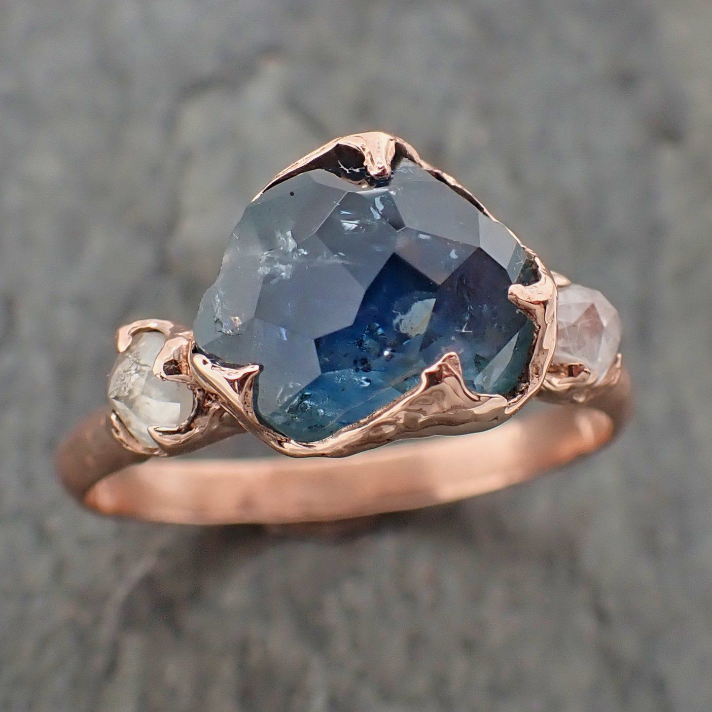 partially faceted blue montana sapphire and fancy diamonds 14k rose gold engagement wedding ring gemstone ring multi stone ring 2194 Alternative Engagement