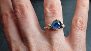 Partially faceted blue Montana Sapphire and fancy Diamonds 14k Rose Gold Engagement Wedding Ring Gemstone Ring Multi stone Ring 2194
