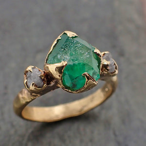 Partially faceted Three Stone Emerald rough diamond Engagement Gemstone Ring 18k gold Multi stone Wedding Birthstone Ring byAngeline 2214
