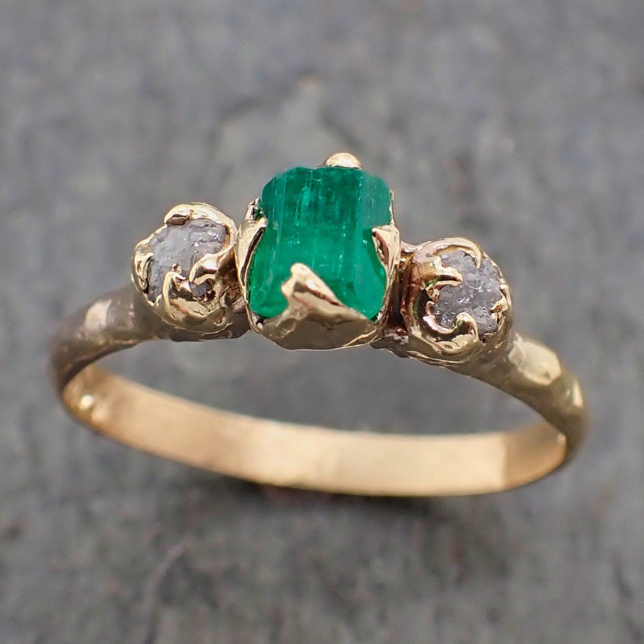 three raw stone diamond and emerald gemstone engagement ring dainty 18k gold multi stone wedding ring uncut birthstone stacking ring rough diamond ring byangeline 2217 Alternative Engagement