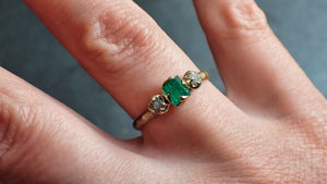 three raw stone diamond and emerald gemstone engagement ring dainty 18k gold multi stone wedding ring uncut birthstone stacking ring rough diamond ring byangeline 2217 Alternative Engagement