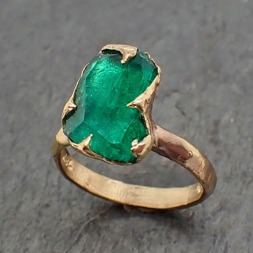 partially faceted emerald solitaire yellow 18k gold ring birthstone one of a kind gemstone statement ring recycled 2207 Alternative Engagement