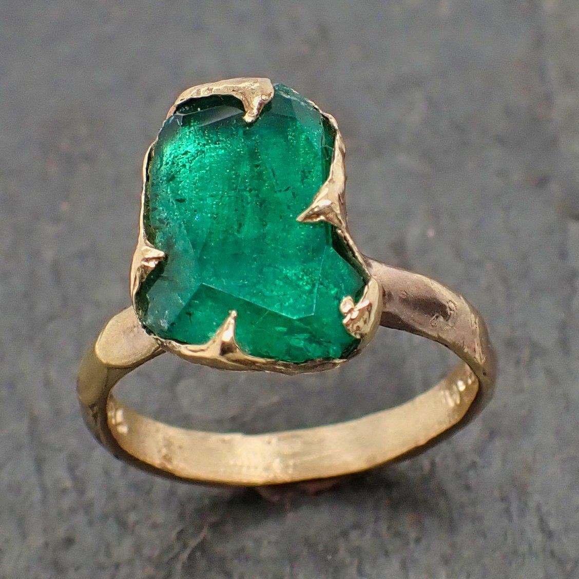 partially faceted emerald solitaire yellow 18k gold ring birthstone one of a kind gemstone statement ring recycled 2207 Alternative Engagement