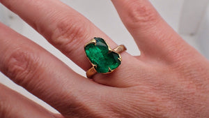 partially faceted emerald solitaire yellow 18k gold ring birthstone one of a kind gemstone statement ring recycled 2207 Alternative Engagement