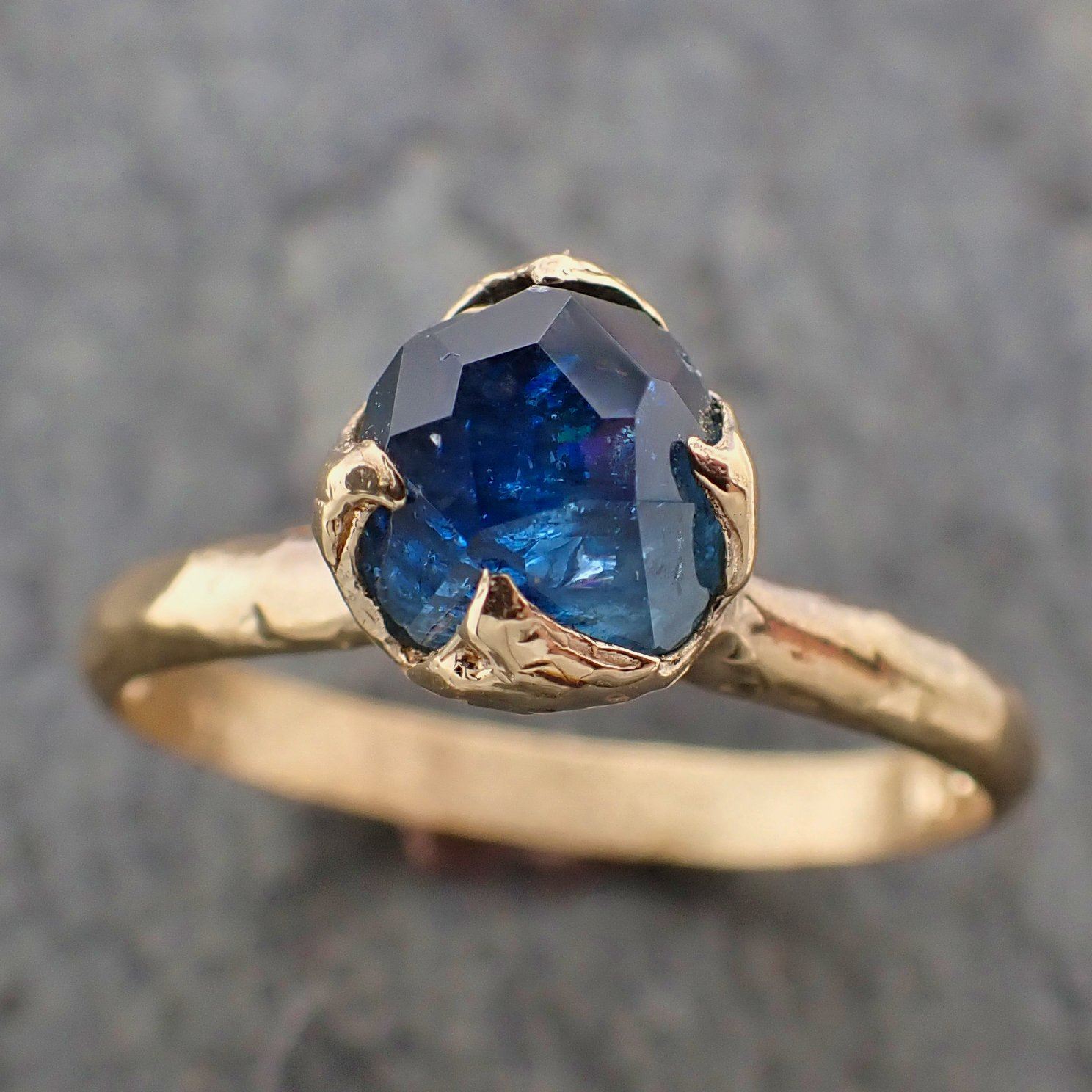 partially faceted blue montana sapphire solitaire 18k yellow gold engagement wedding one of a kind blue gemstone ring 2212 Alternative Engagement