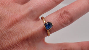 partially faceted blue montana sapphire solitaire 18k yellow gold engagement wedding one of a kind blue gemstone ring 2212 Alternative Engagement