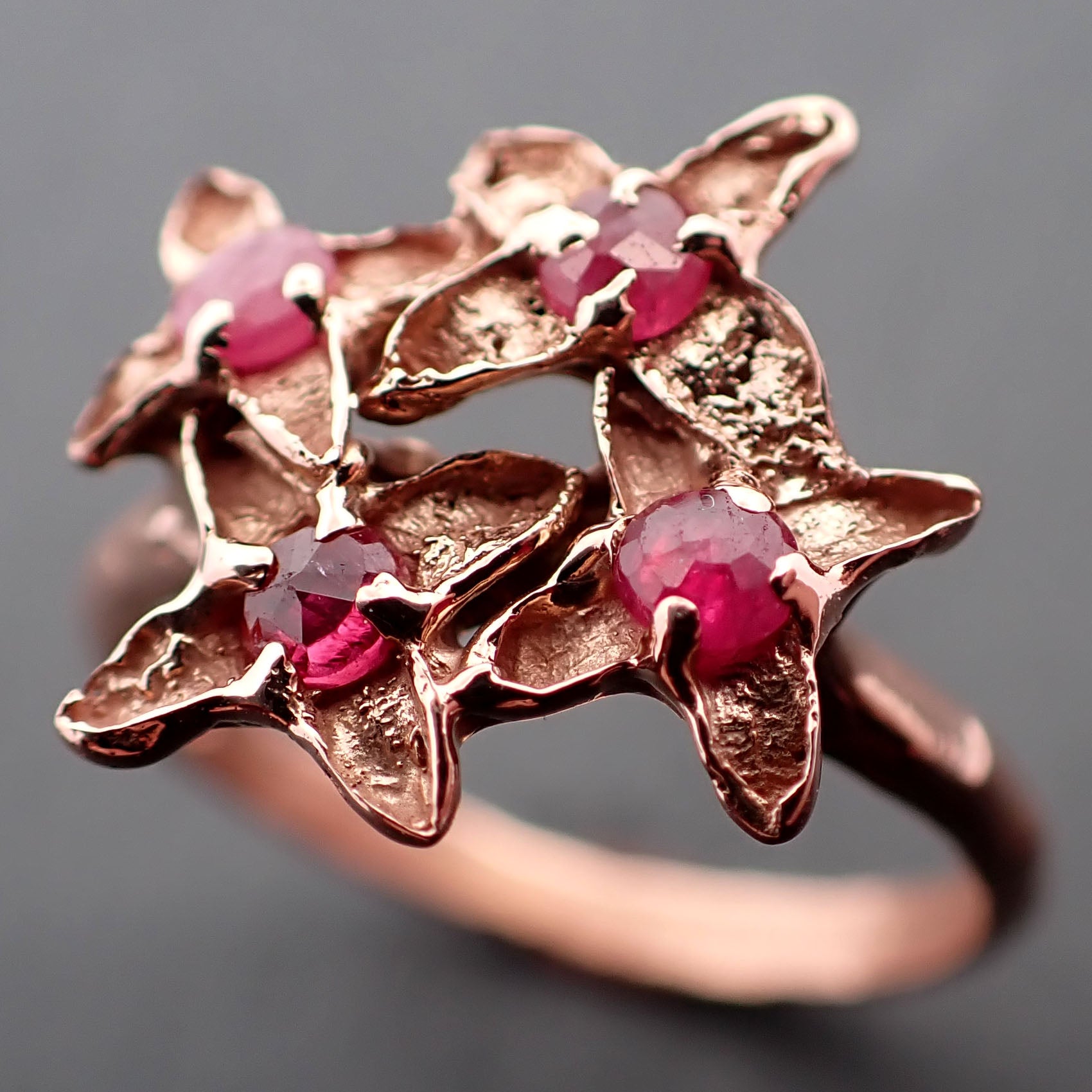 Real Lilac Flower casting with faceted Rubies 14k Rose gold multi stone Enchanted Garden Floral Ring byAngeline 3371