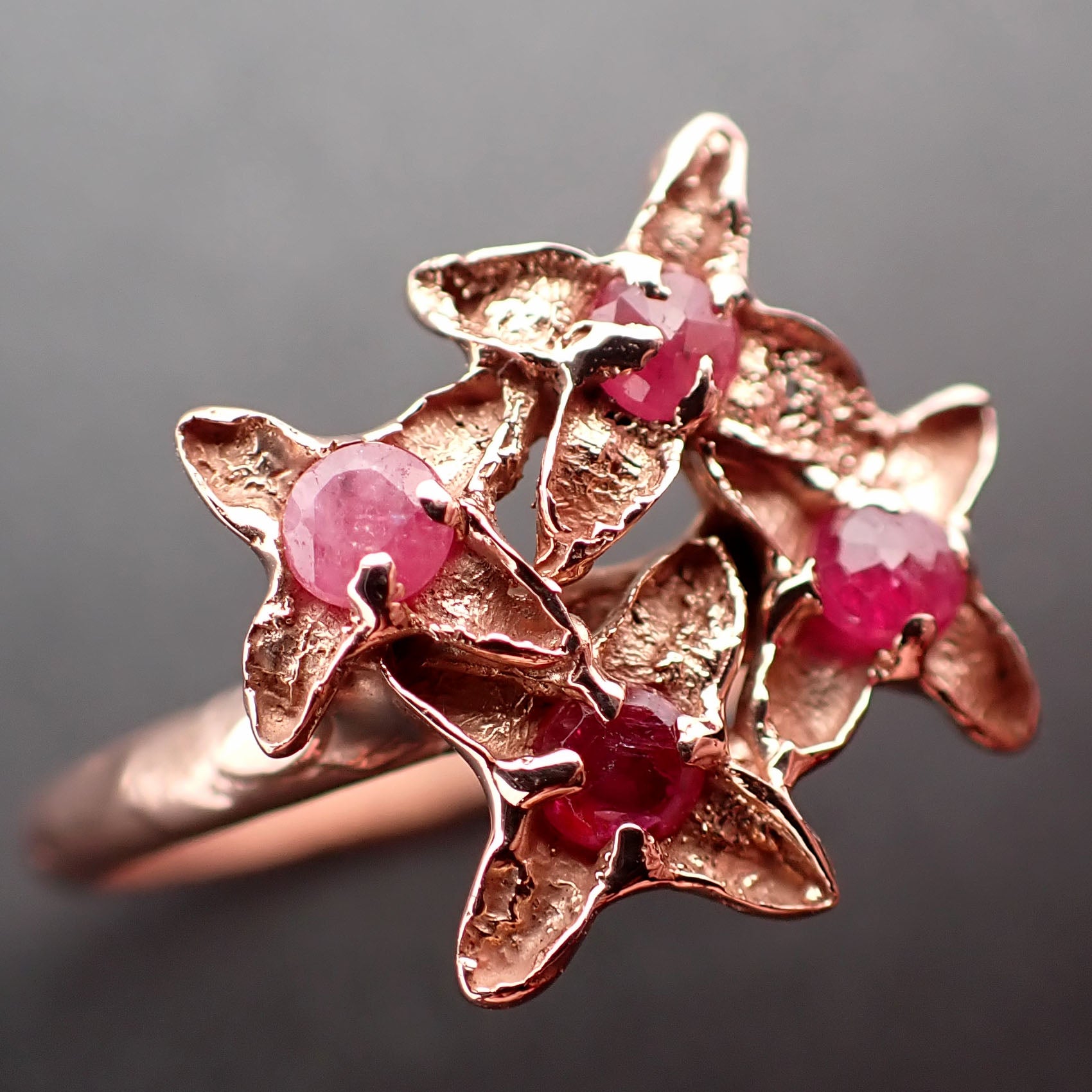 Real Lilac Flower casting with faceted Rubies 14k Rose gold multi stone Enchanted Garden Floral Ring byAngeline 3371
