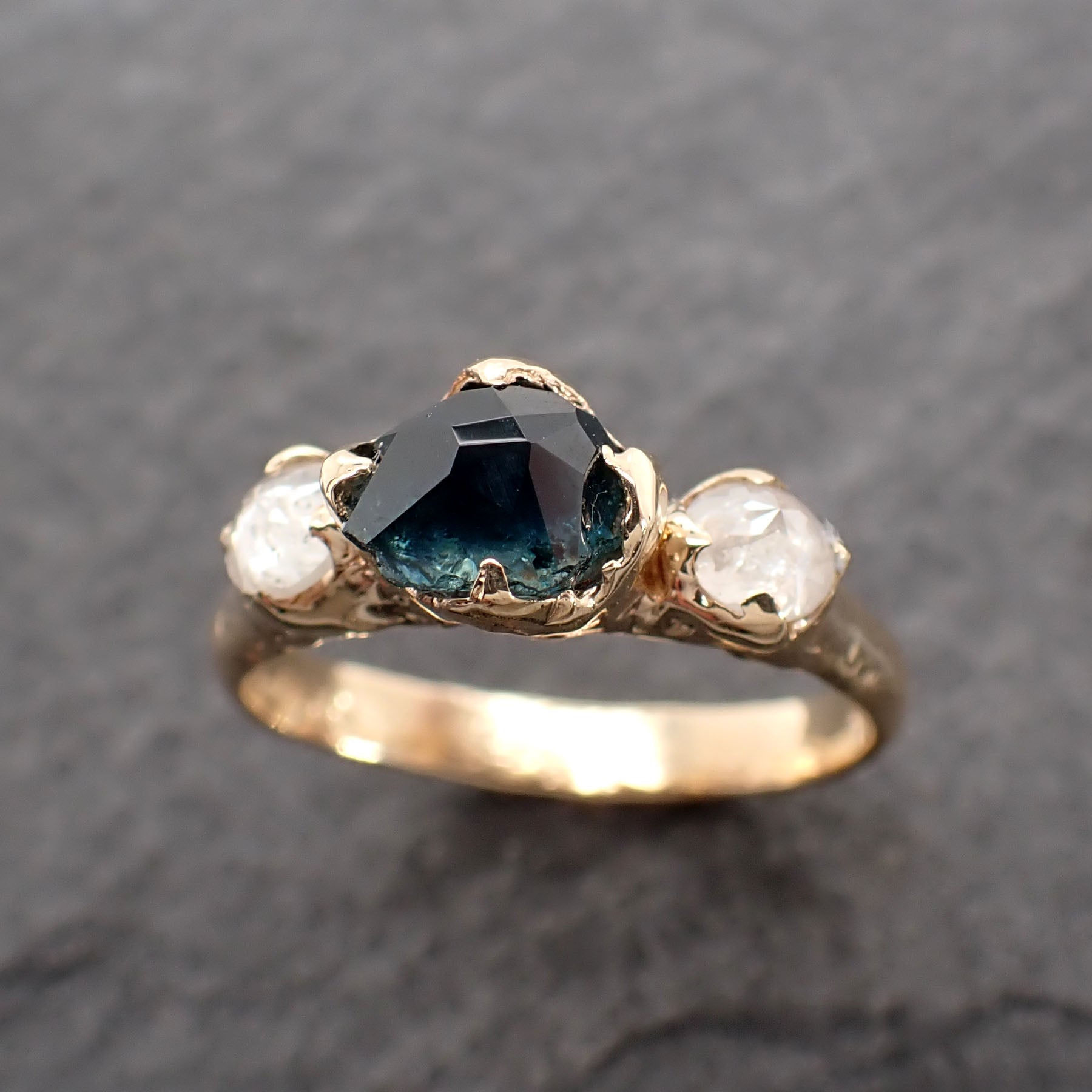Partially faceted blue Montana Sapphire and fancy Diamonds 14k Yellow Gold Engagement Wedding Ring Gemstone Ring Multi stone Ring 2489