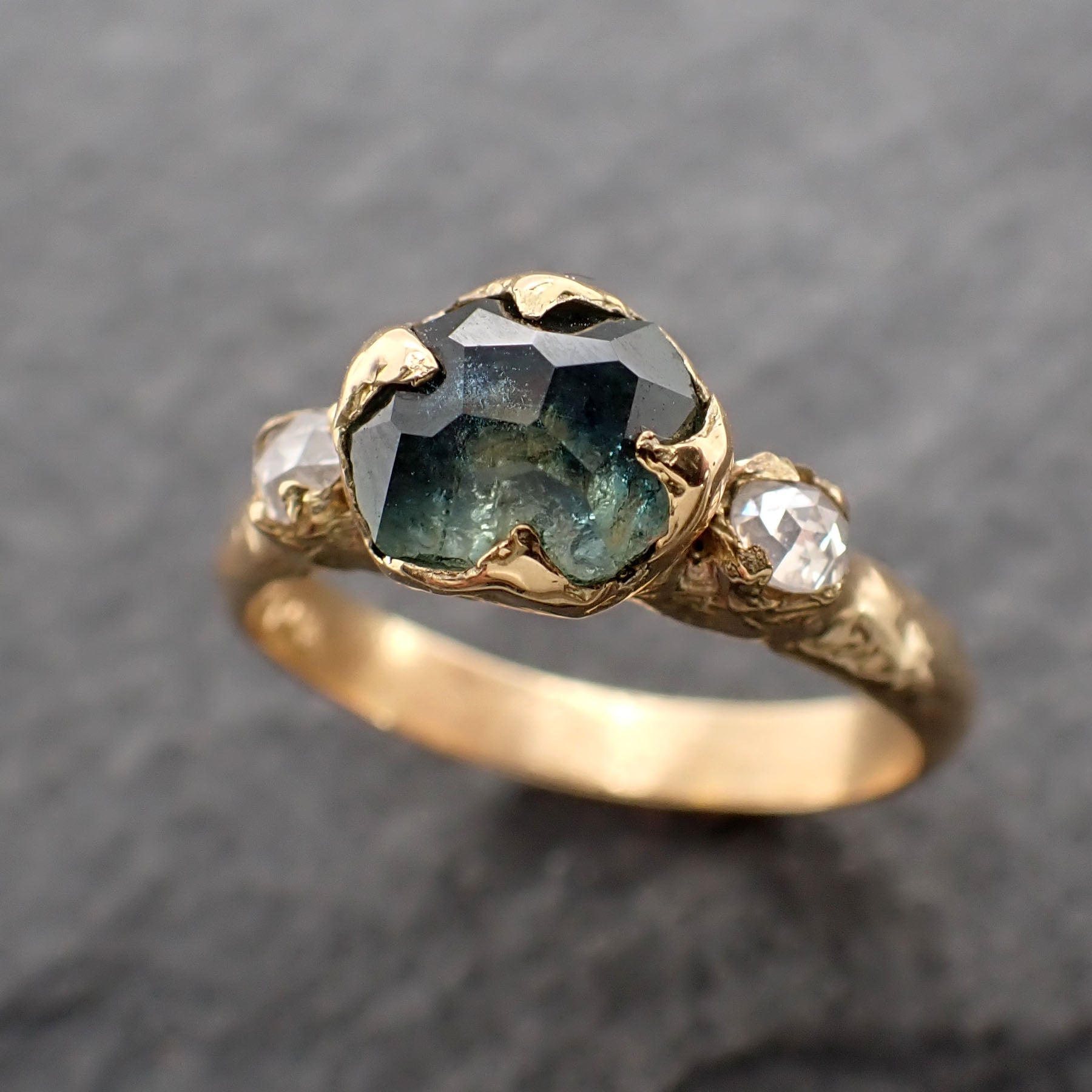 Partially faceted blue Montana Sapphire and fancy Diamonds 18k Yellow Gold Engagement Wedding Ring Gemstone Ring Multi stone Ring 2487