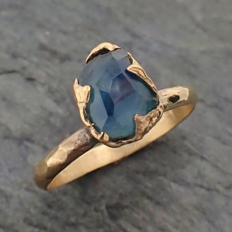 Partially faceted Blue Sapphire Solitaire 18k yellow Gold Engagement Wedding One Of a Kind blue Gemstone Ring 2230