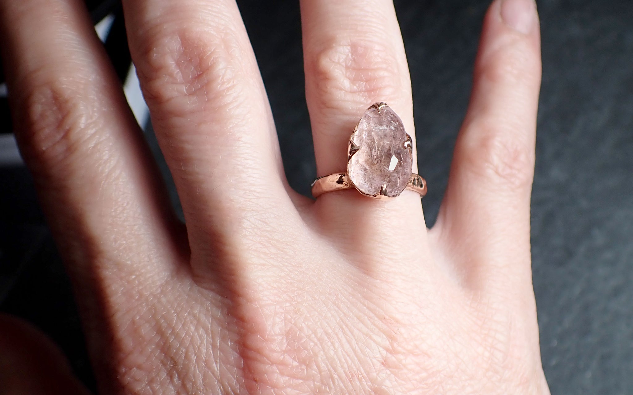 morganite partially faceted 14k rose gold solitaire pink gemstone ring statement ring gemstone jewelry by angeline 2493 Alternative Engagement