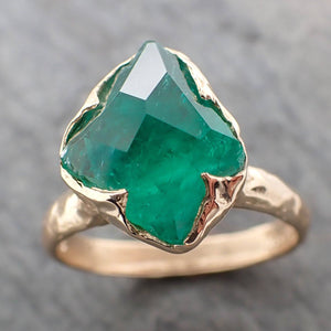 partially faceted emerald solitaire yellow 14k gold ring birthstone one of a kind gemstone statement ring recycled 2240 Alternative Engagement