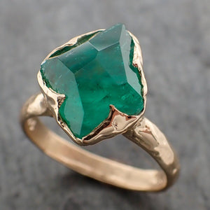 partially faceted emerald solitaire yellow 14k gold ring birthstone one of a kind gemstone statement ring recycled 2240 Alternative Engagement