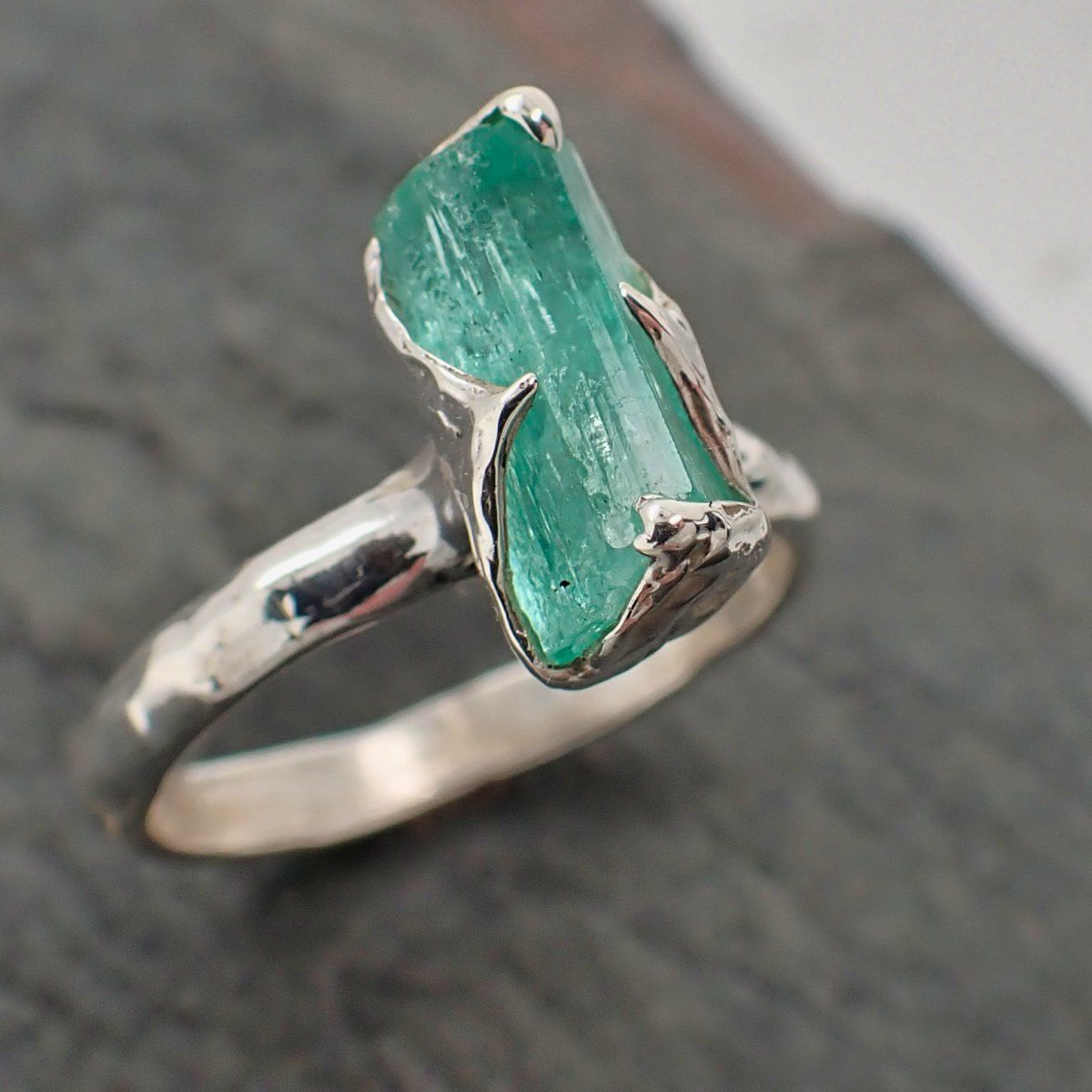 raw uncut emerald sterling silver ring gemstone solitaire recycled statement ss00068 Alternative Engagement