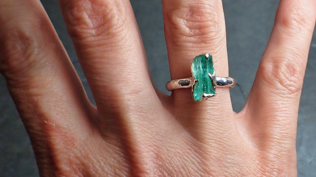 raw uncut emerald sterling silver ring gemstone solitaire recycled statement ss00068 Alternative Engagement