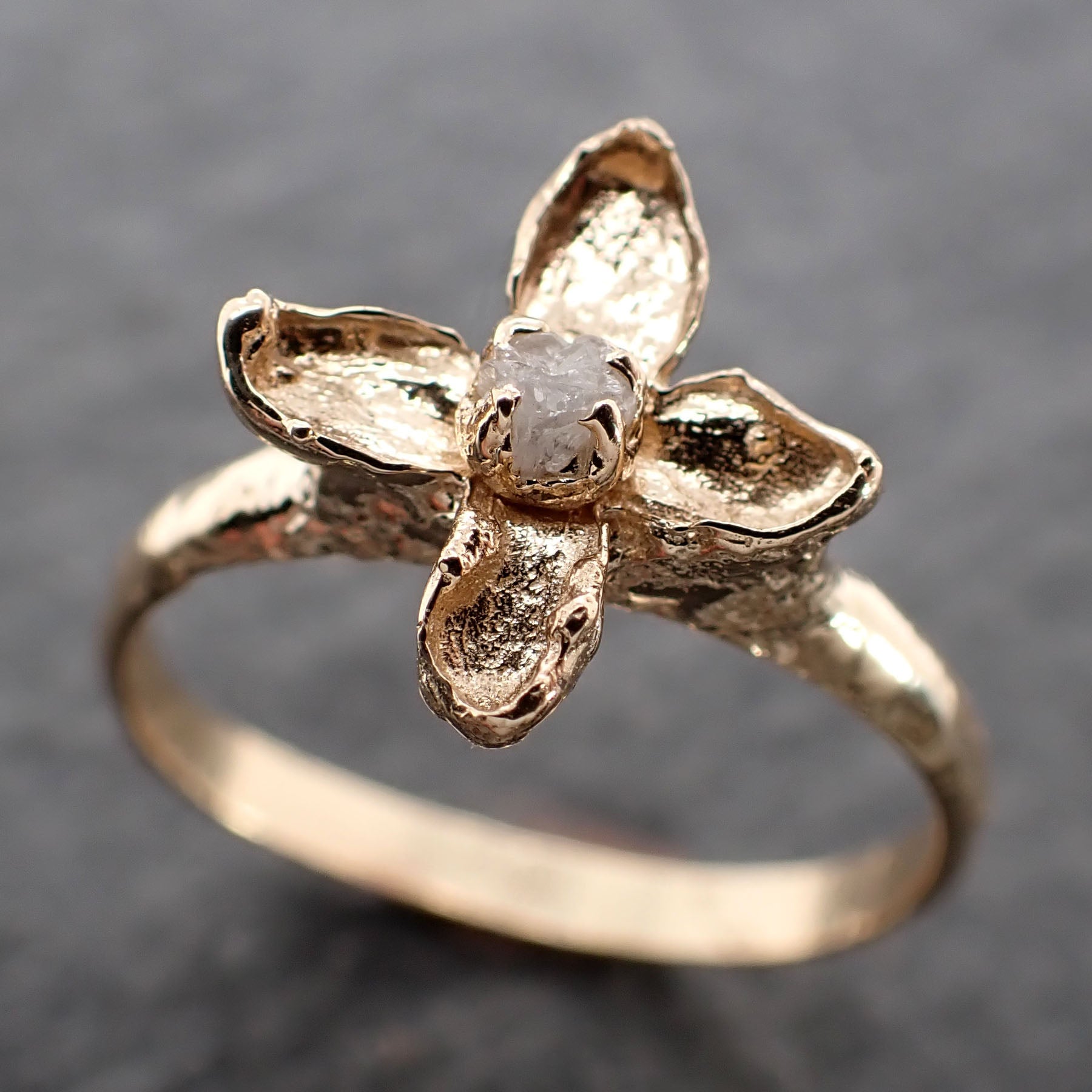 Real Lilac Flower and rough diamond 14k yellow gold wedding engagement ring Enchanted Garden Floral Ring byAngeline 2502
