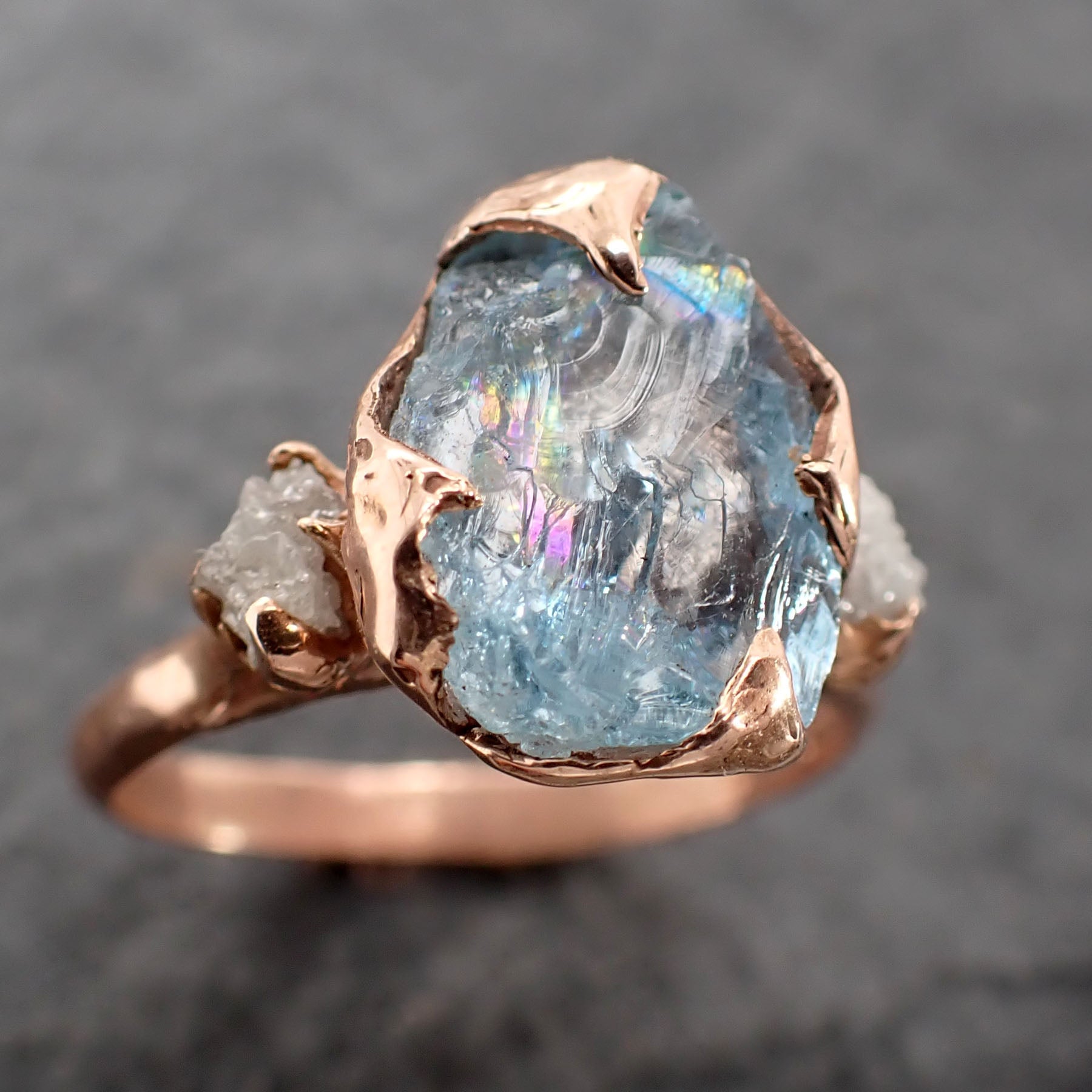 Raw Uncut Aquamarine Diamond Rose Gold Engagement Ring Multi stone Wedding 14k Ring Custom Gemstone Bespoke  byAngeline 2503